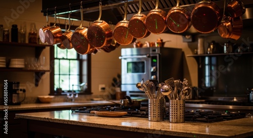 Rustic kitchen with hanging copper pans and stainless steel utensils on granite countertop