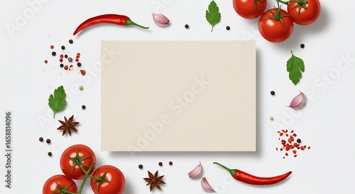 赤いトマトとスパイスが彩る、空のレシピカードが魅力的に配置されています。