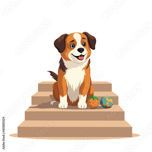 Playful dog sitting on stairs with toys smiling happily  