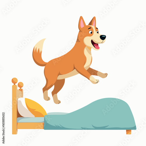 Cartoon dog jumping onto bed with blue blanket and pillows  