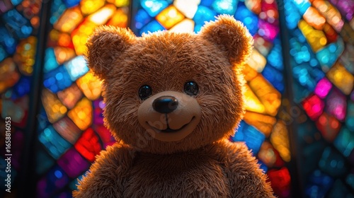 Adorable Teddy Bear Before Stained Glass Window