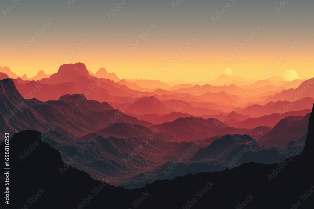 Fototapeta premium Futuristic alien mountain landscape at sunset