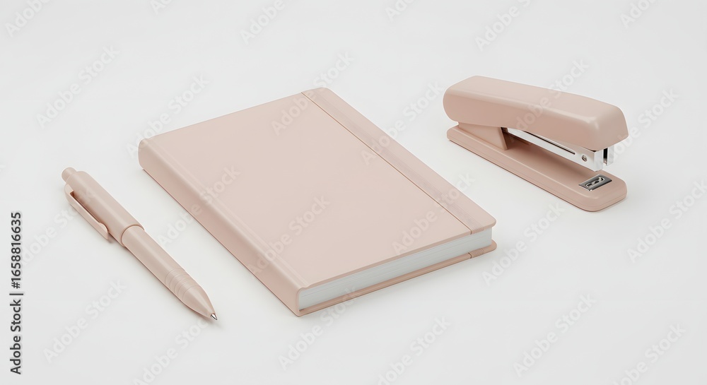 A Pale Pink Notebook Pen and Stapler on a White Background Demonstrating Office Supplies A Pale Pink Notebook Pen and Stapler on a White Background Demonstrating Office Supplies