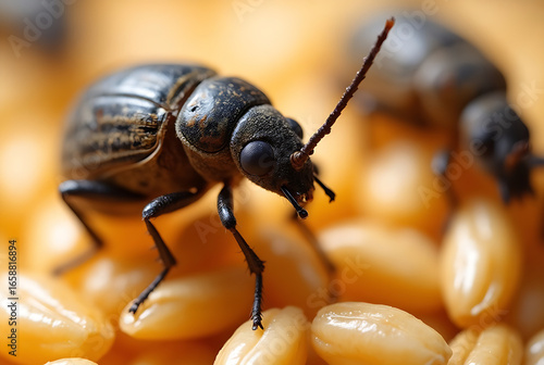 A microscopic image showing a granary weevil. The insects are clearly visible, revealing intricate textures, such as their segmented bodies, antennae, legs, and distinctive snouts. 