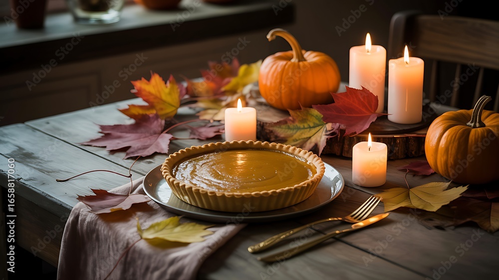 Naklejka premium Thanksgiving table setting with pumpkin pie and candles