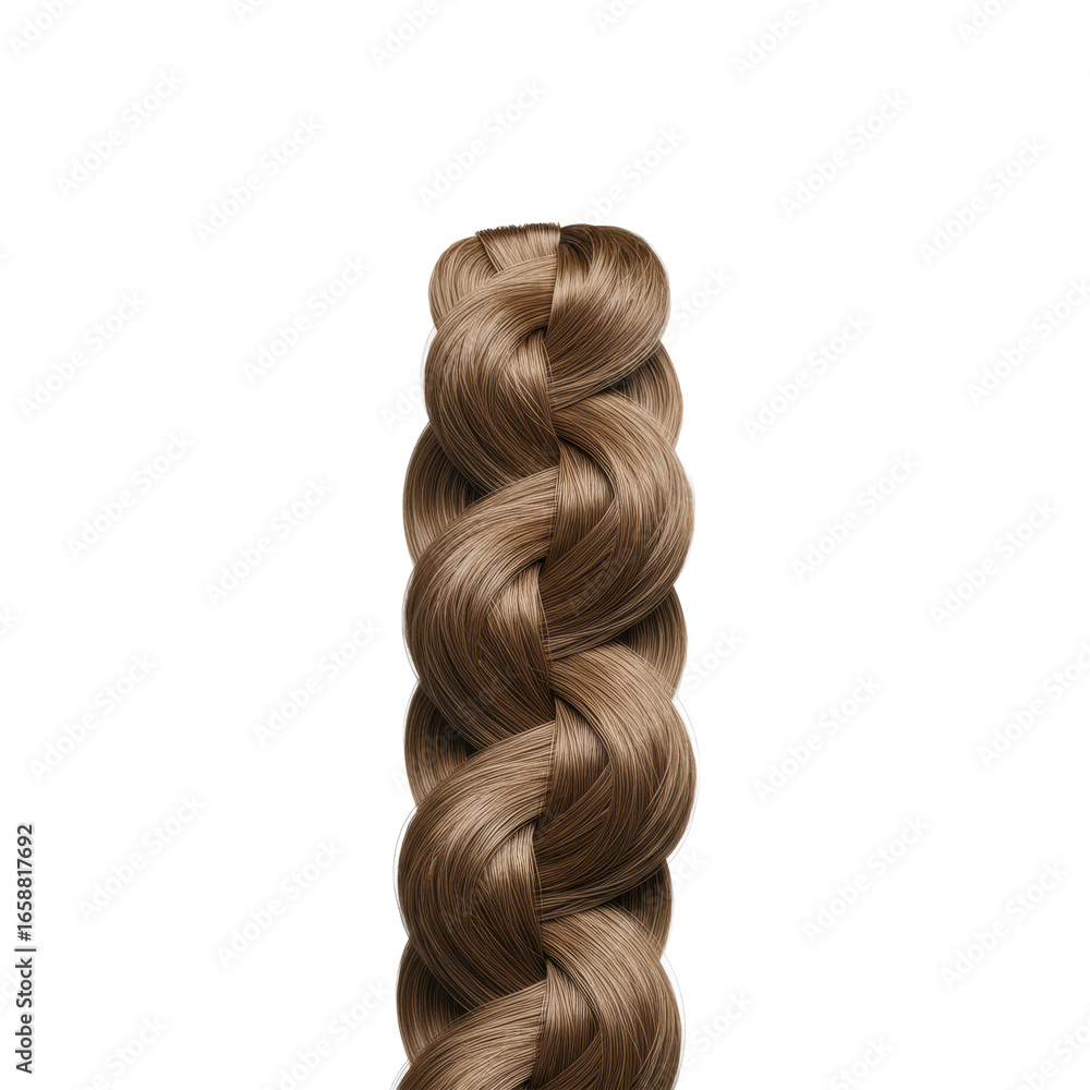 Fototapeta premium A perfectly formed, intricate Dutch braid, thick and voluminous with lustrous natural hair, crisp strands, on a clean transparent studio background. Concept of intricate hairstyling and beauty