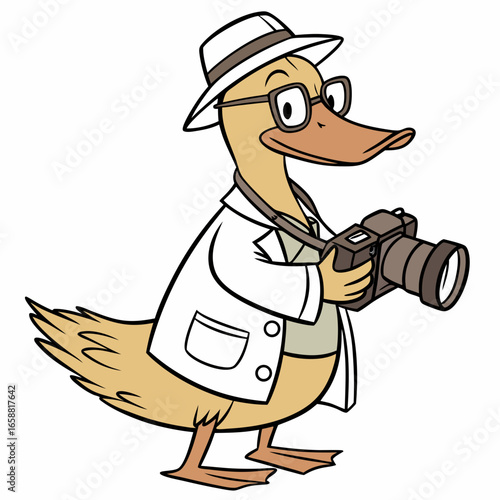 Cartoon duck photographer wearing glasses and a hat taking a picture with a camera in a lab coat for creative projects and educational materials