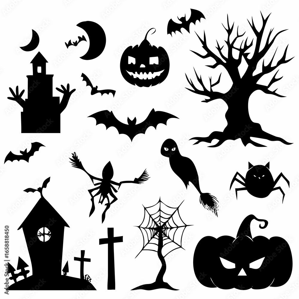 Fototapeta premium Halloween Clipart Vector Pumpkins, Witches, Skulls & Black Cats.eps