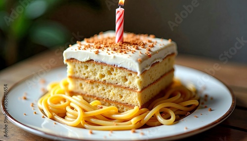 Creative birthday cake resembling spaghetti with a candle on top, served on a plate
