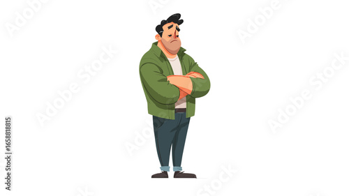Disappointed cartoon man with black hair wearing a green jacket and jeans standing with arms crossed.