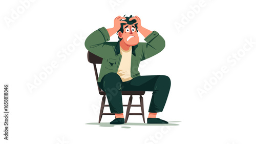Anxious man sitting on a chair hands on head feeling stressed vector illustration.