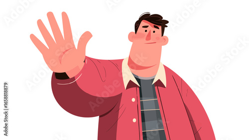 Cartoon Man in Red Jacket Gesturing Stop with Open Hand.