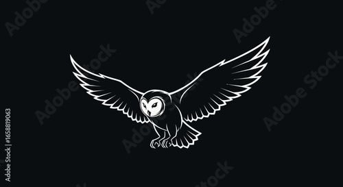 Striking White Owl Illustration with Open Wings on Black Background.