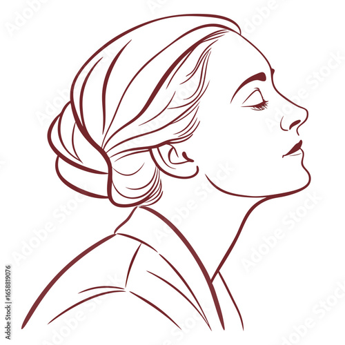 Elegant woman in profile with closed eyes and updo hairstyle in a minimalist line art style for beauty and fashion designs and creative projects