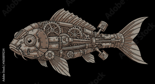 Intricate steampunk mechanical fish illustration with exposed gears pistons and riveted metal plates.