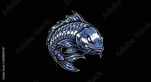 Powerful Metallic Blue Koi Fish Mascot Design Aggressive Pose Scaled Texture.