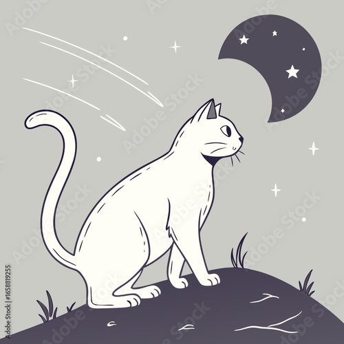 White cat gazing at the moon and stars illustration dreamy night scene vector art whimsical feline pet watching celestial events in the sky