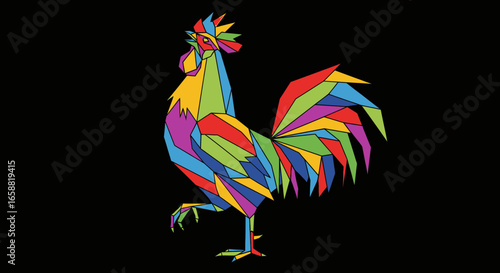 A vibrant multicolored rooster in a modern geometric lowpoly style standing proudly in profile with one leg raised.