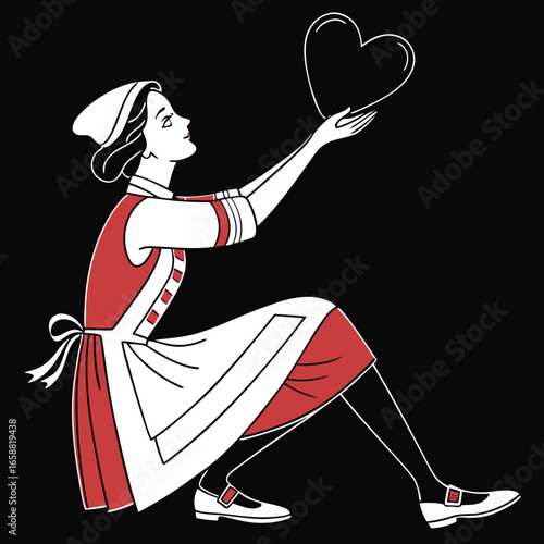 Woman in vintage dress holding heart illustration for valentine's day or love themed designs and retro style projects with black background and red and white colors