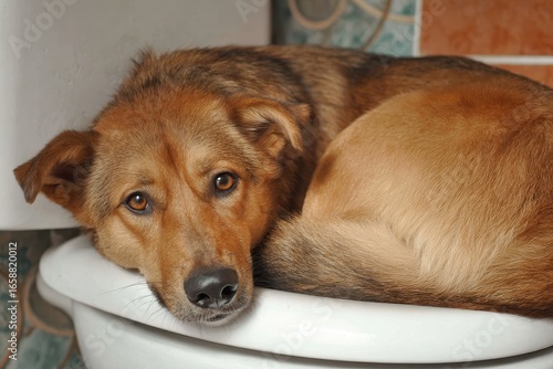 Dog resting in the toilet