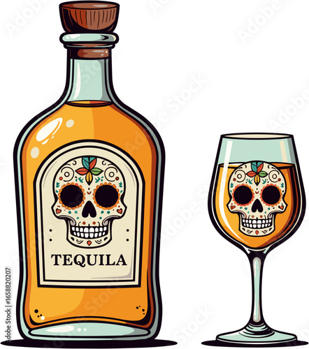 Tequila bottle and glass with skull design, vibrant colors, still life concept
