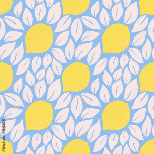 Citrus fruits and leaves on the light blue background. Floral seamless pattern. Italian style coastal summer EPS 10 vector wallpaper.