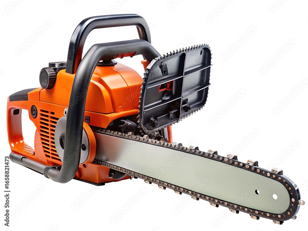Fototapeta premium Orange and black chainsaw with metal chain and light green bar on white background tool