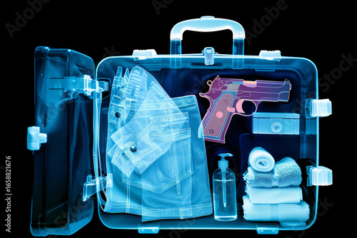 X-ray image showing contents of suitcase including handgun, folded jeans, camera, transparent bottle, rolled towel and stacked clothing items arranged inside luggage