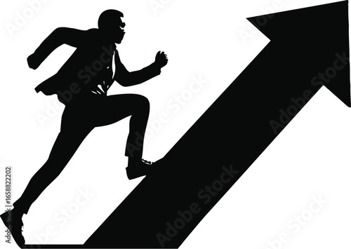 Silhouette Businessman Running Up Rising Arrow Symbol of Growth