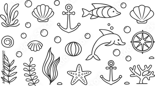 hand drawn marine life and nautical elements collection