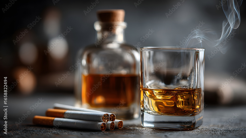 A solitary glass of amber whiskey and a cigar rest beside a dark brown bottle of liquor A solitary glass of amber whiskey and a cigar rest beside a dark brown bottle of liquor
