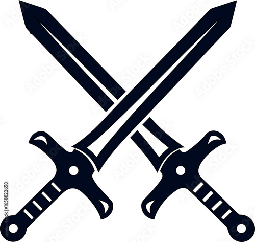 Black silhouette crossed swords vector, perfect for fight symbols, warrior badges, and gaming graphics.