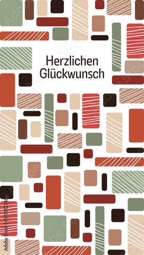 Herzlichen Glückwunsch - Schriftzug in deutscher Sprache. Grußkarte mit geometrischen Formen in harmonischen Farben.