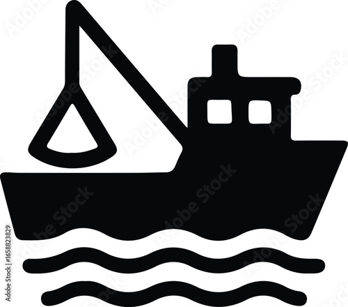 Vector Illustrator Fishing Boat With Crane On Water Silhouette