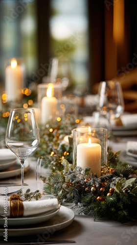 Elegant table setting with candles, glassware, and festive decorations creating a warm ambiance.