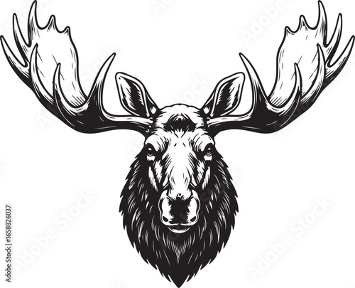 Majestic Moose Head with Large Antlers in Black and White deer animal