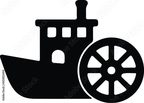 Vector Illustrator Steamboat Riverboat Transportation Old Fashioned Paddle Wheel Icon Silhouette