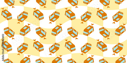 Seamless Cartoon School Bus Pattern. Cartoon orange buses with flags in flat style. Seamless travel pattern on yellow wavy background.