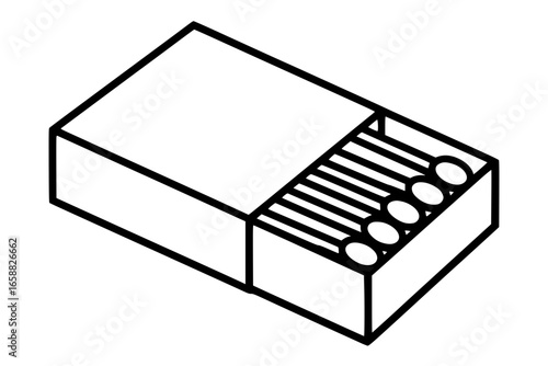 Black and White Vector Illustration of Cardboard Box with Wooden Matches – Minimalist Bold Line Art Generative ai
