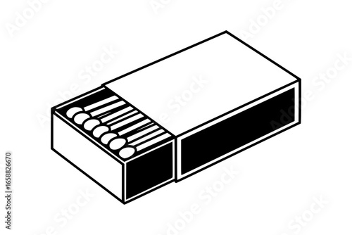 Black and White Vector Illustration of Cardboard Box with Wooden Matches – Minimalist Bold Line Art Generative ai