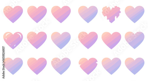 Gradient pastel hearts appear in multiple variations and designs for creative artwork.