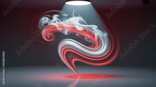 Abstract Red and White Swirling Smoke Design, 3D Render, Illuminated Spotlight