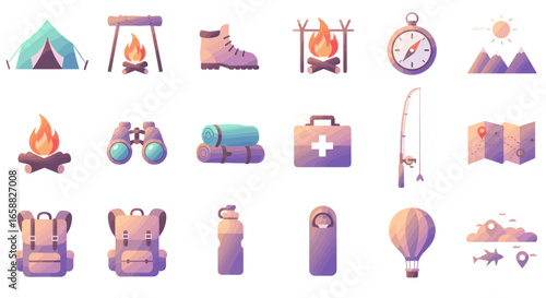 Gradient icons represent outdoor camping activities and travel equipment in a colorful vector illustration