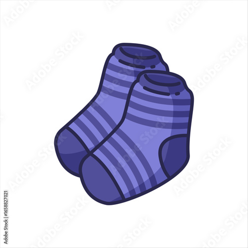 Cartoon Blue Striped Socks Illustration. Pair of blue striped socks in cartoon flat style. Cozy colorful illustration of clothing accessory on white background.
