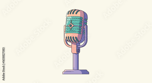 Retro vintage microphone is illustrated in pastel gradient colors as a music and broadcasting symbol