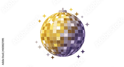 Shiny disco ball sparkles in golden gradient tones as a festive party decoration and dance symbol