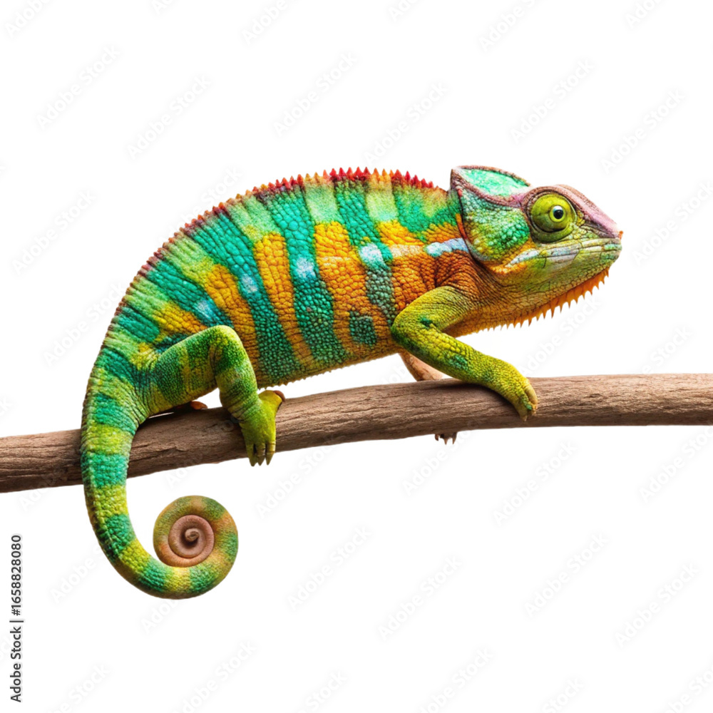 Obraz premium A vibrant chameleon with colorful markings perched on a wooden branch