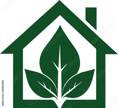 A green house outline with a chimney and a large green leaf inside the house outline on a white background