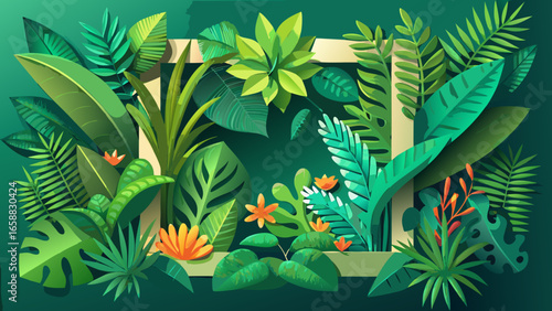 Tropical 3d paper cut green leaves, exotic plants border, floral banner poster. Tropic forest card design. Leaf greenery, lush garden pattern. Vector illustration. Jungle summer rainforest