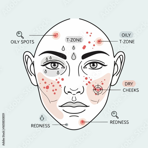 Facial Skin Care Vector Map with Oily and Dry Zones for Acne Treatment